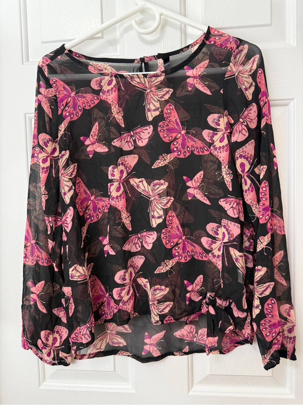 Ovi Black Sheer Blouse with Pink Butterfly Motif